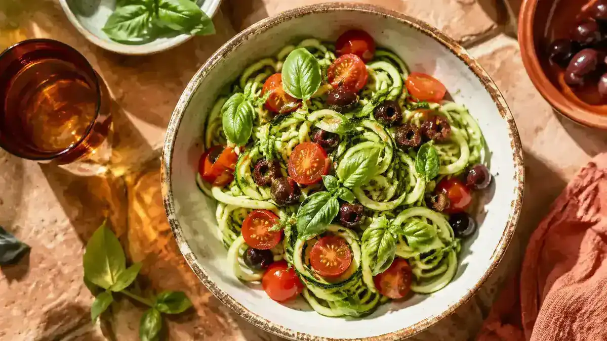 Colorful spiralized zucchini and carrot noodles in a white bowl with cherry tomatoes, olives, and fresh basil on a wooden kitchen table