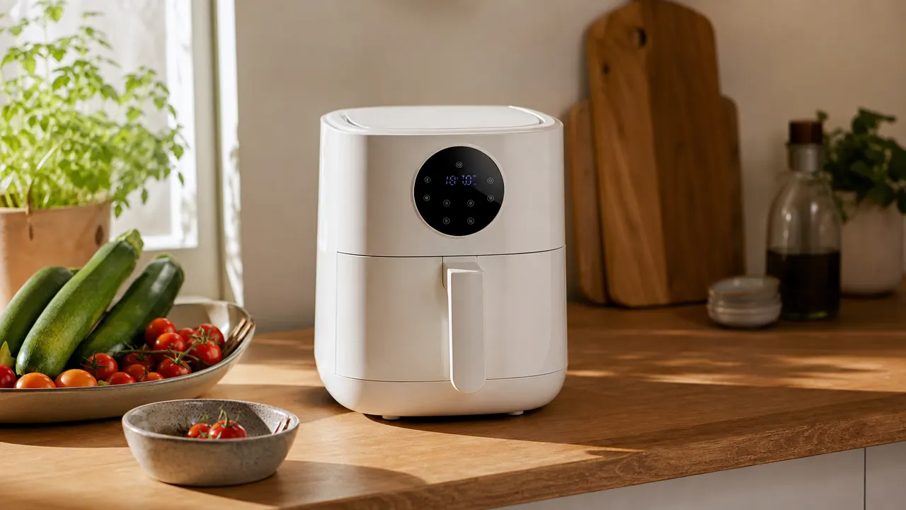 BELLA 4-quart slim air fryer on a light wood kitchen counter next to a bowl of fresh vegetables