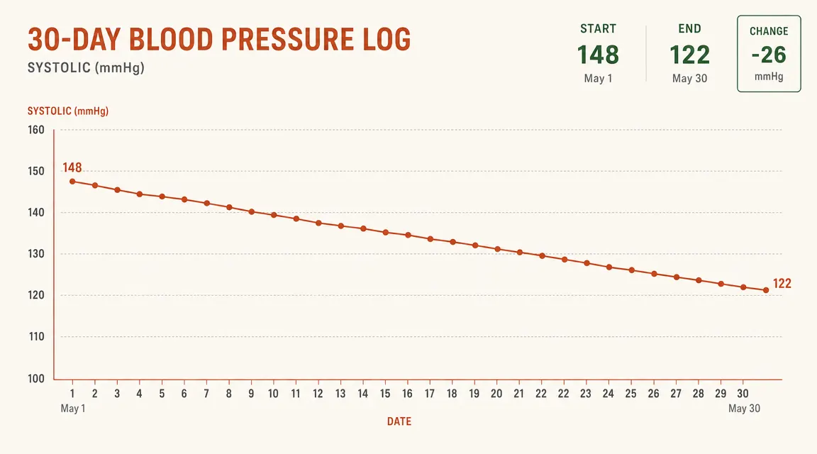 Chart showing blood pressure readings logged over 30 days, with a trend line moving downward toward the healthy range