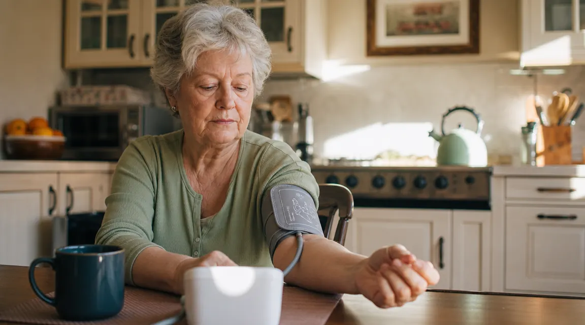 Older adult woman sitting at a kitchen table taking her blood pressure with an upper-arm cuff monitor, morning light through the window