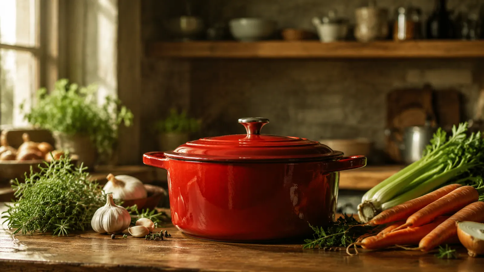Lodge 6-quart enameled cast iron Dutch oven on a kitchen counter with fresh vegetables and herbs arranged around it