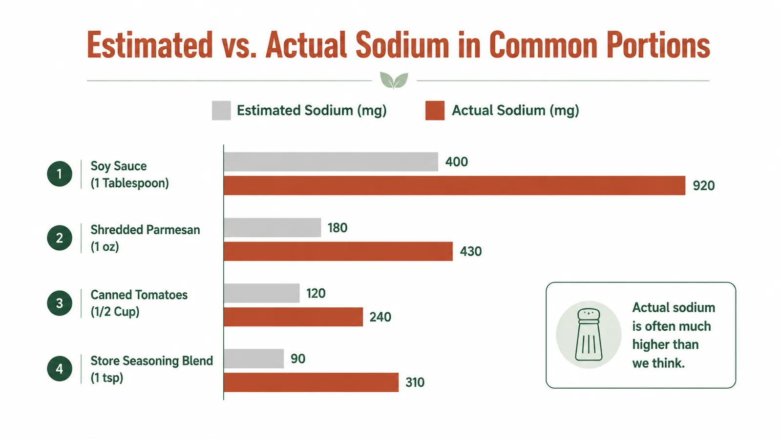 Bar chart comparing estimated vs actual sodium in common kitchen foods measured by a digital scale