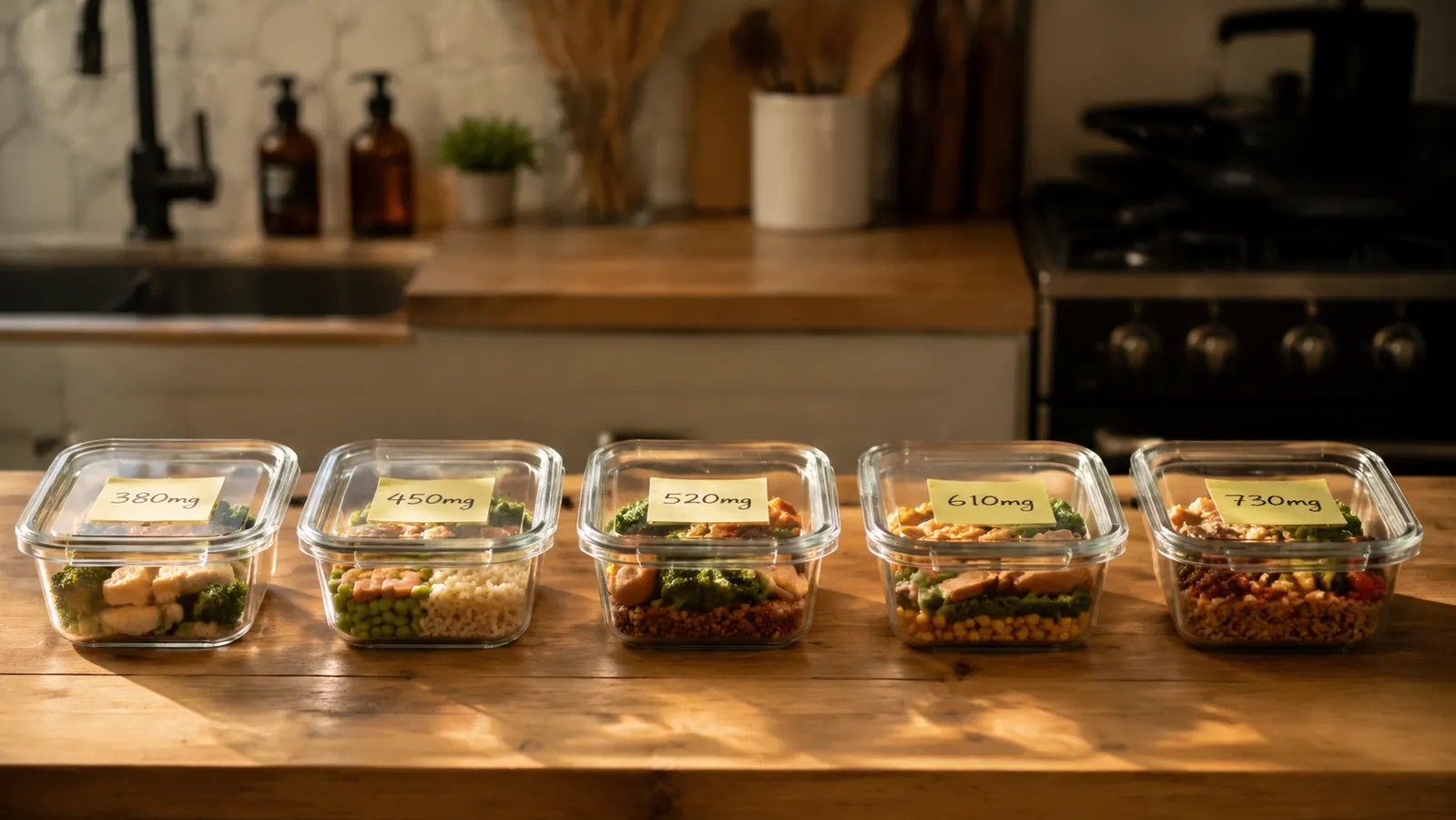 Five labeled meal-prep containers lined up on a counter, each with a sticky note showing sodium milligrams