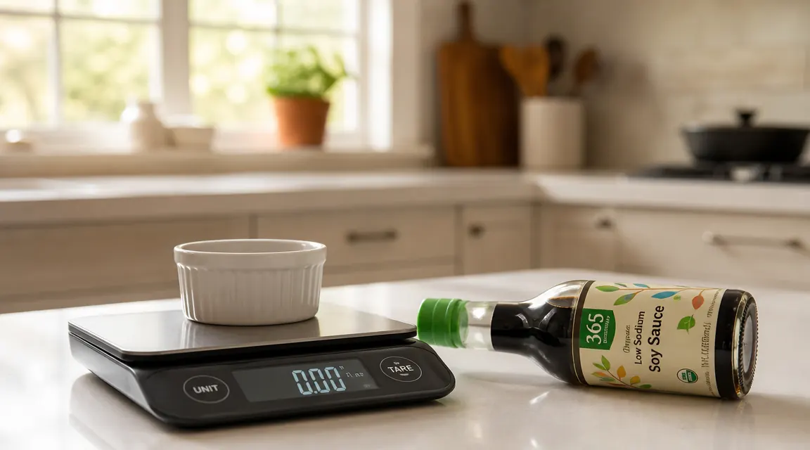Digital kitchen scale on a white marble counter with a small bowl of soy sauce being weighed, nutrition label visible nearby