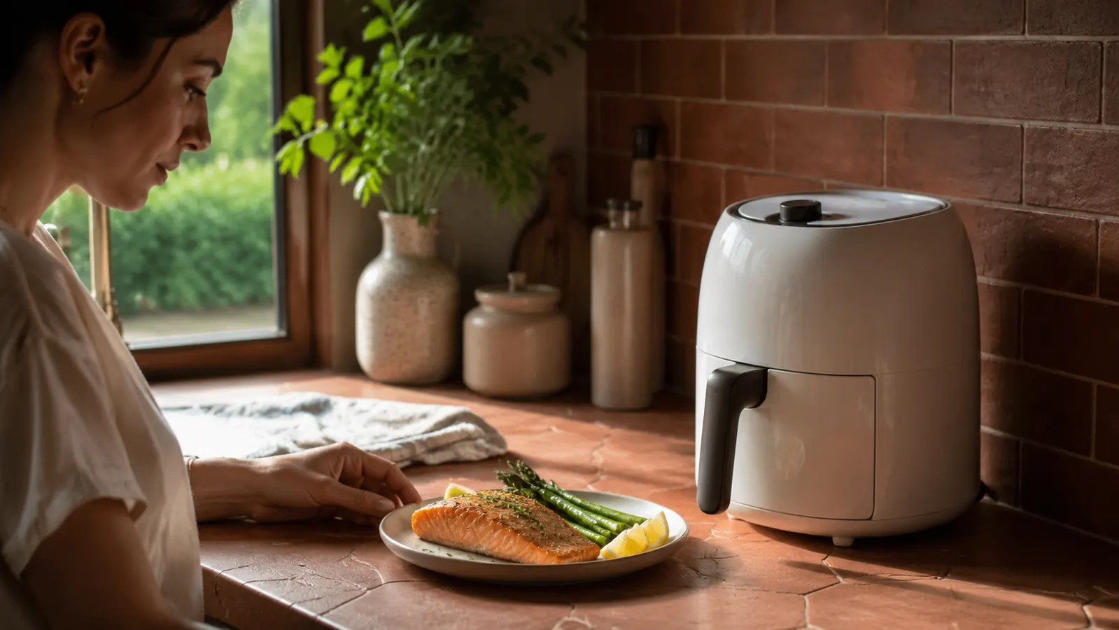 BELLA 4Qt air fryer on a kitchen counter next to a plate of golden-brown salmon fillets and roasted asparagus