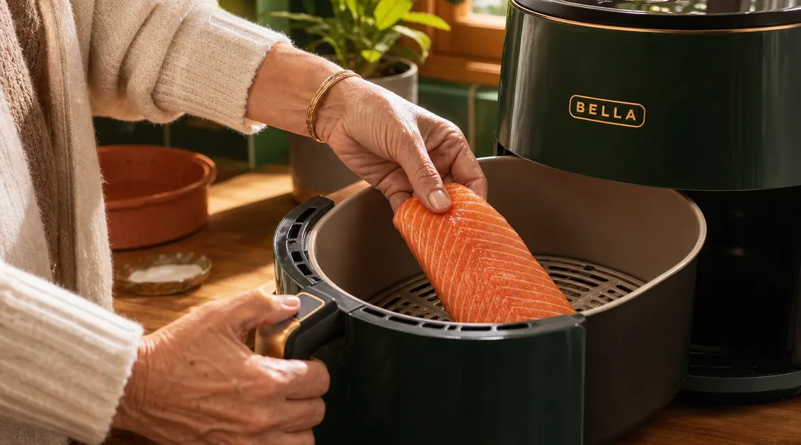 Hand placing a salmon fillet into the BELLA air fryer basket lined with ceramic nonstick coating