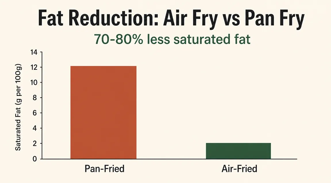Bar chart comparing fat content of pan-fried versus air-fried chicken breast, showing 70 percent reduction
