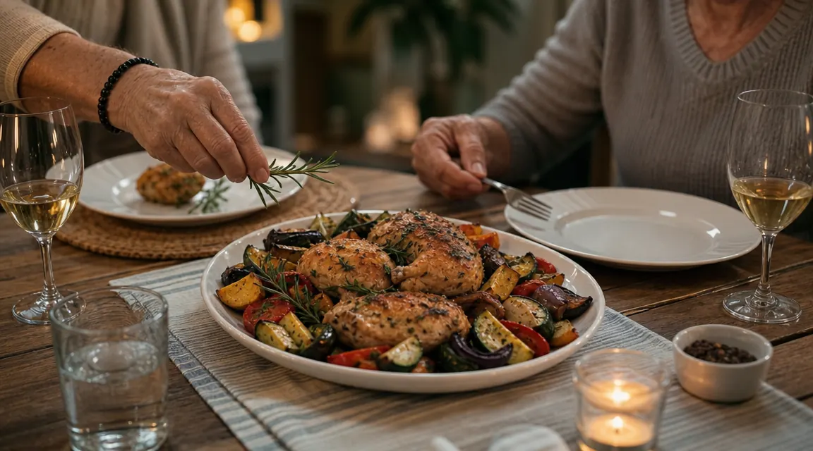 Plate of air-fried vegetables and chicken on a dinner table set for two older adults