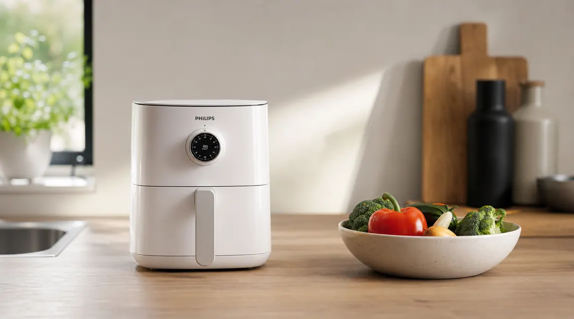 BELLA 4qt slim air fryer on a clean kitchen counter next to a bowl of fresh vegetables, warm morning light