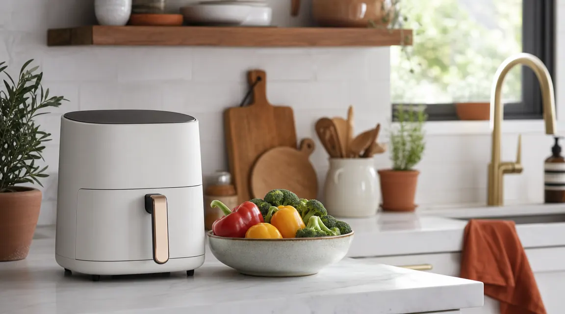 BELLA 4Qt slim air fryer on a bright kitchen counter next to a bowl of fresh vegetables
