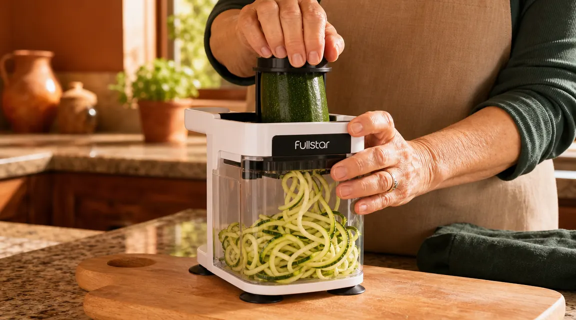 Close-up of hands pressing a zucchini into the Fullstar spiralizer over a cutting board, noodles curling out the other end