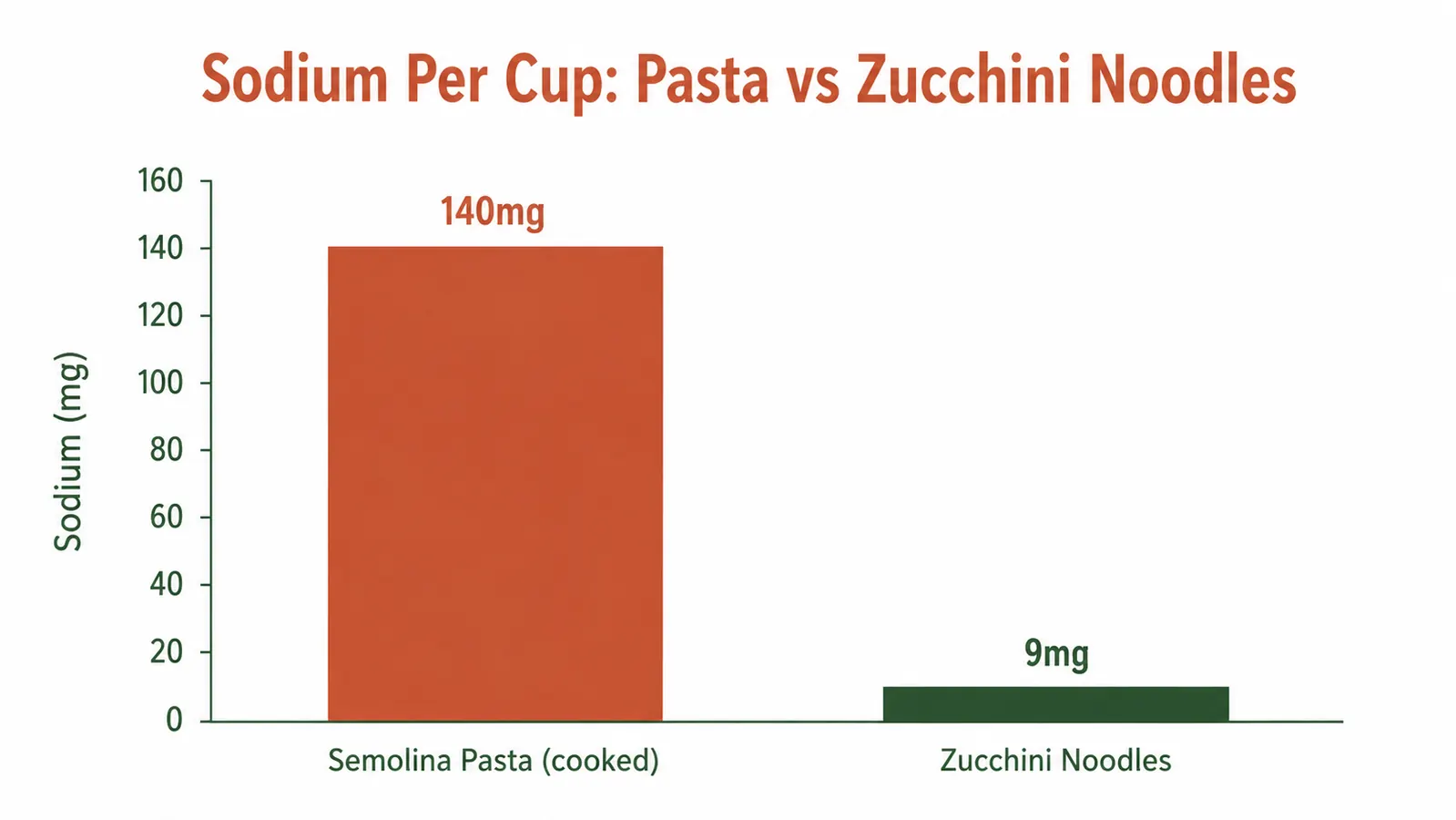 Chart comparing sodium content of one cup of traditional pasta versus one cup of zucchini noodles side by side