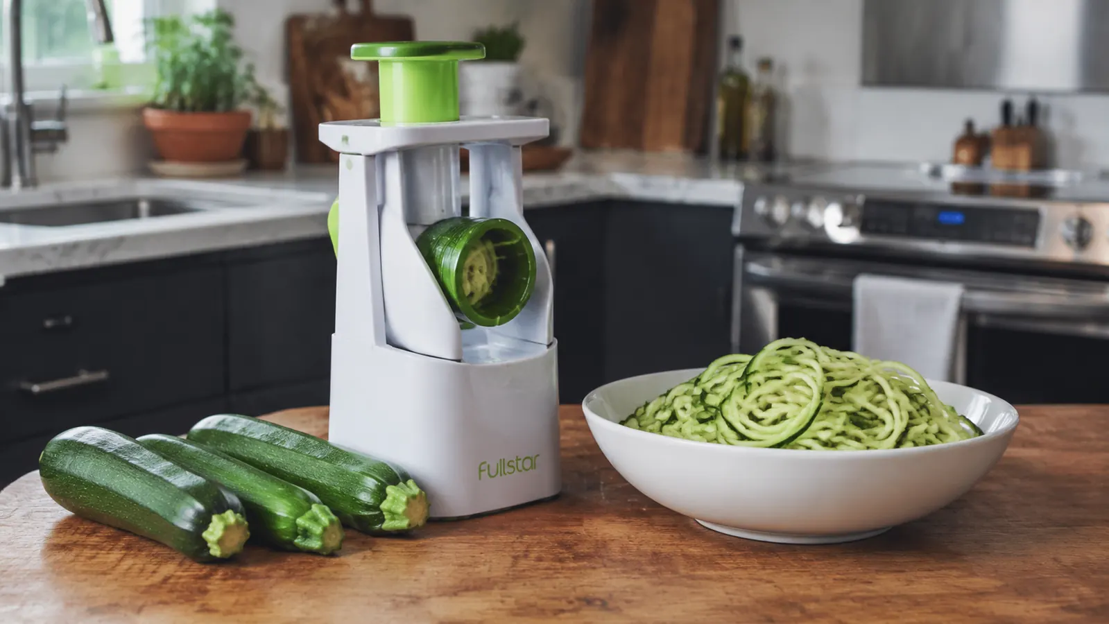 Fullstar 4-in-1 spiralizer on a wooden kitchen counter next to a pile of fresh zucchini, with a bowl of green veggie noodles already made beside it