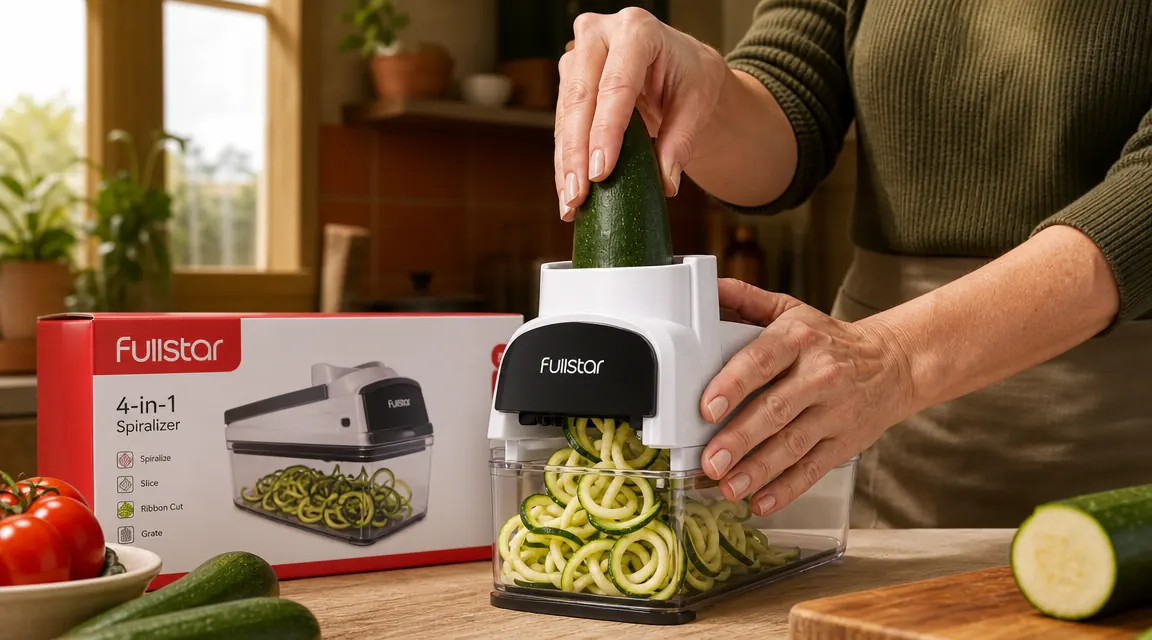 Hands pressing a zucchini through the Fullstar spiralizer over a cutting board, veggie noodles curling out the other side