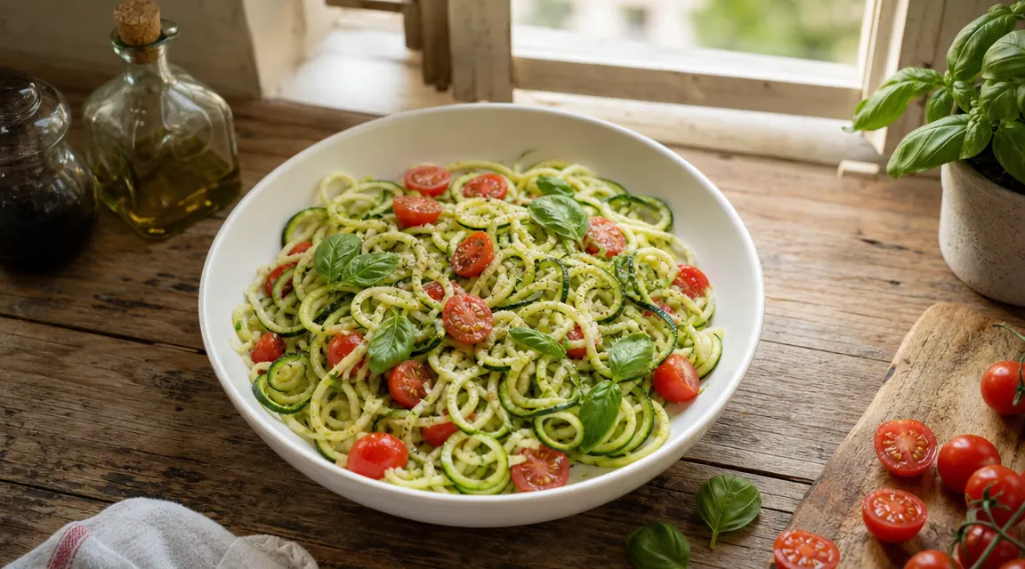 Fresh zucchini noodles in a wide white bowl on a wooden kitchen table, morning light through a window, basil leaves and cherry tomatoes alongside