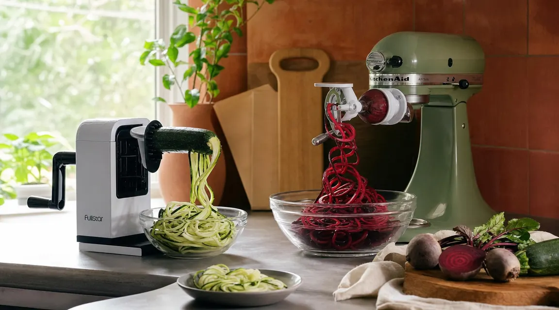 Two spiralizers side by side on a kitchen counter: a small handheld Fullstar unit next to a KitchenAid stand mixer with spiralizer attachment