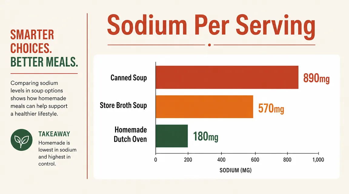 Sodium comparison chart showing canned soup at 890mg, boxed broth at 570mg, and homemade Dutch oven soup at 180mg per serving