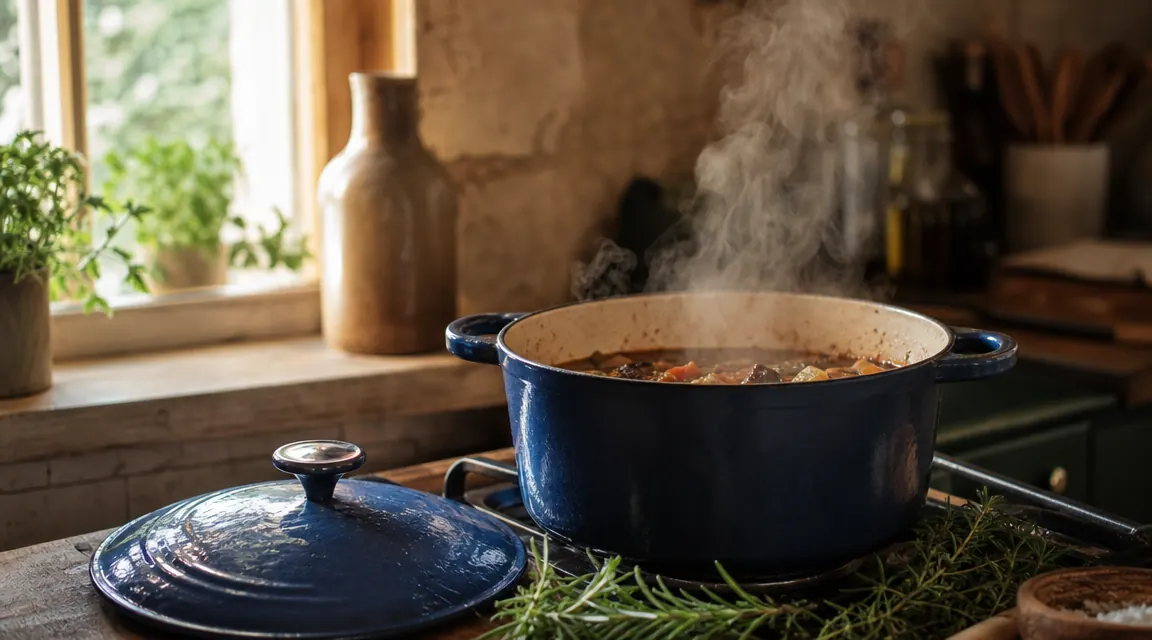 A terracotta Dutch oven filled with golden vegetable broth and fresh herbs on a wooden kitchen table, morning light coming through a window