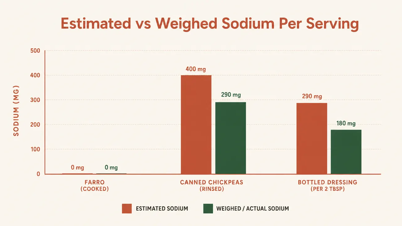 A handwritten-style chart comparing estimated sodium versus weighed sodium for three common lunch ingredients: farro, canned chickpeas, and bottled dressing