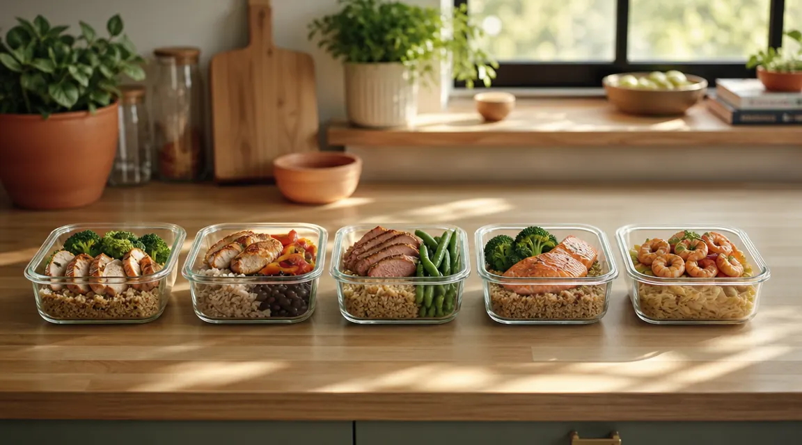 Five glass meal prep containers lined up on a kitchen counter, each holding a colorful low-sodium lunch with grains, lean protein, and vegetables