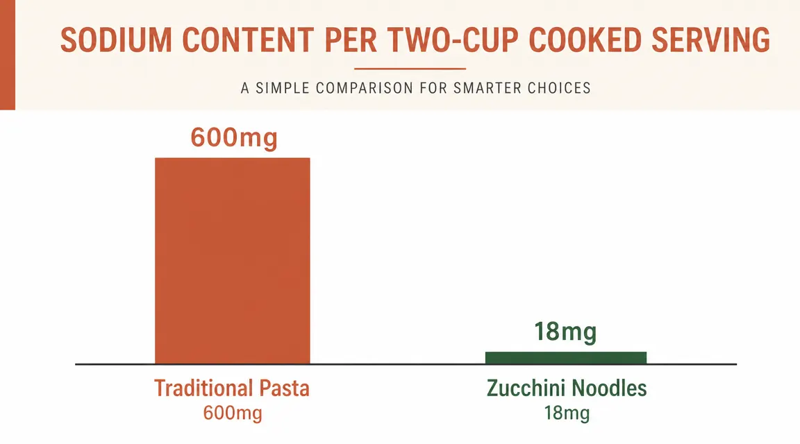 Side-by-side sodium comparison chart: traditional pasta at 600mg sodium versus zucchini noodles at 18mg sodium per two-cup serving
