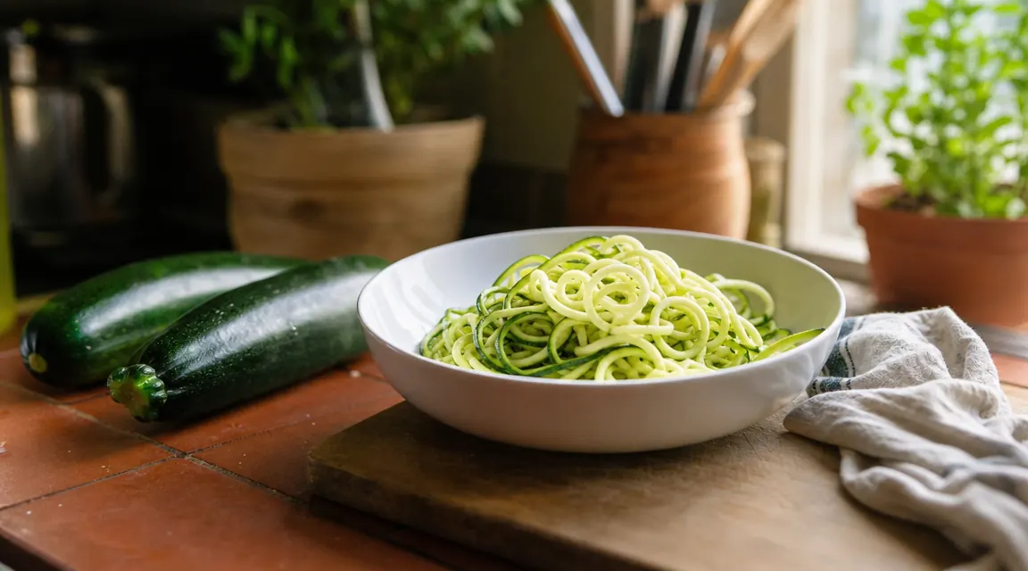Fresh zucchini noodles in a white bowl on a bright kitchen counter, surrounded by whole zucchini and a spiralizer