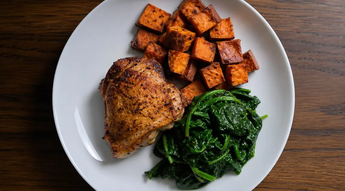Plated air-fryer chicken thigh with roasted sweet potato and steamed spinach on a simple white plate