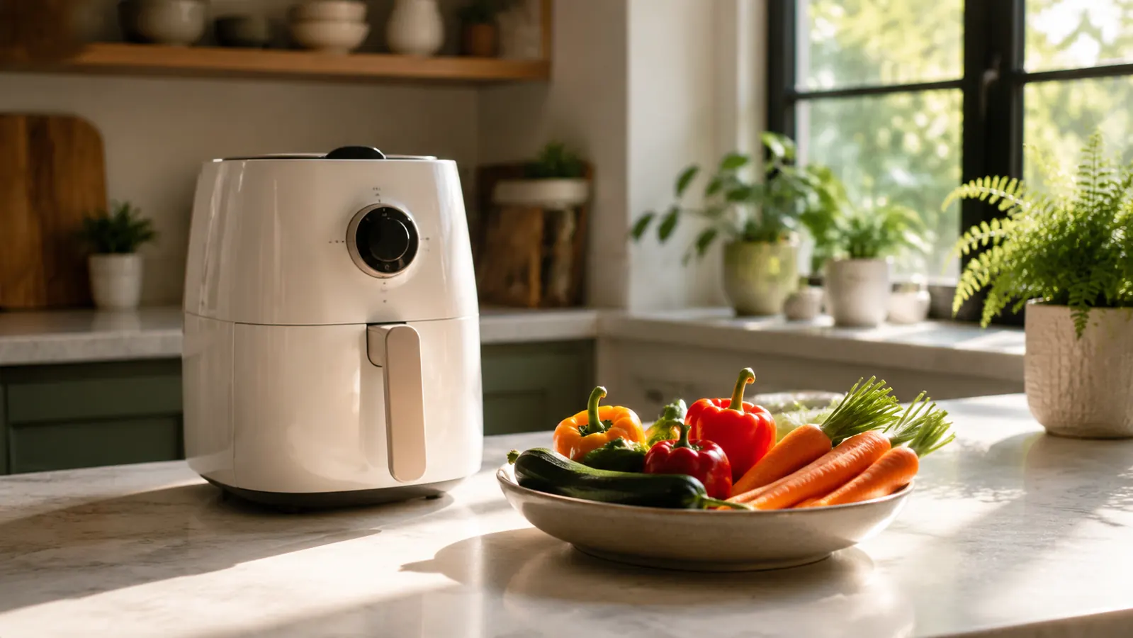 Compact air fryer on a clean kitchen counter beside a bowl of fresh vegetables, warm morning light