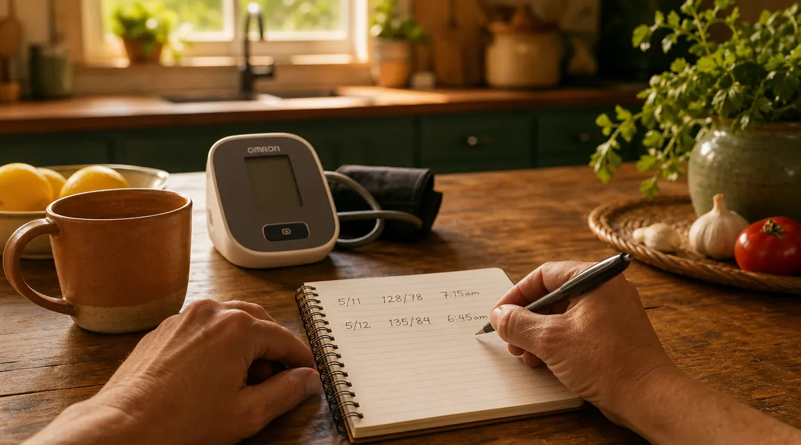 Hand holding a pen writing two blood pressure readings in a small log notebook next to the Omron Bronze monitor