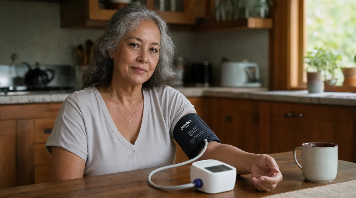 Woman sitting calmly at a kitchen table with an upper-arm blood pressure monitor on her left arm, morning light through a window