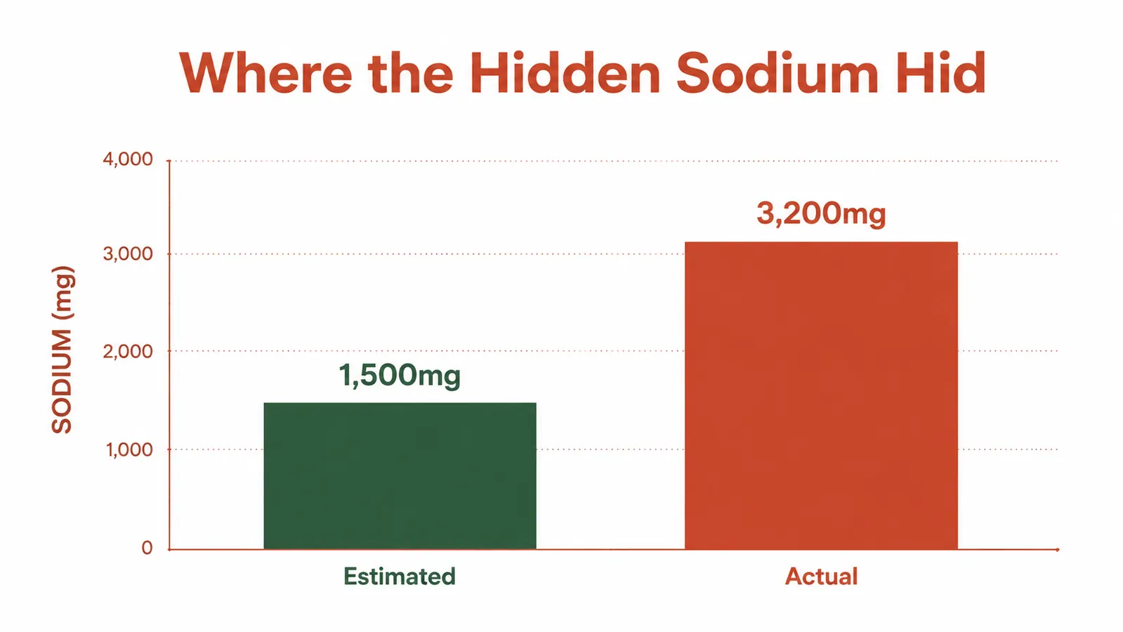 Bar chart comparing estimated sodium intake of 1500mg per day versus actual measured intake of 3200mg per day