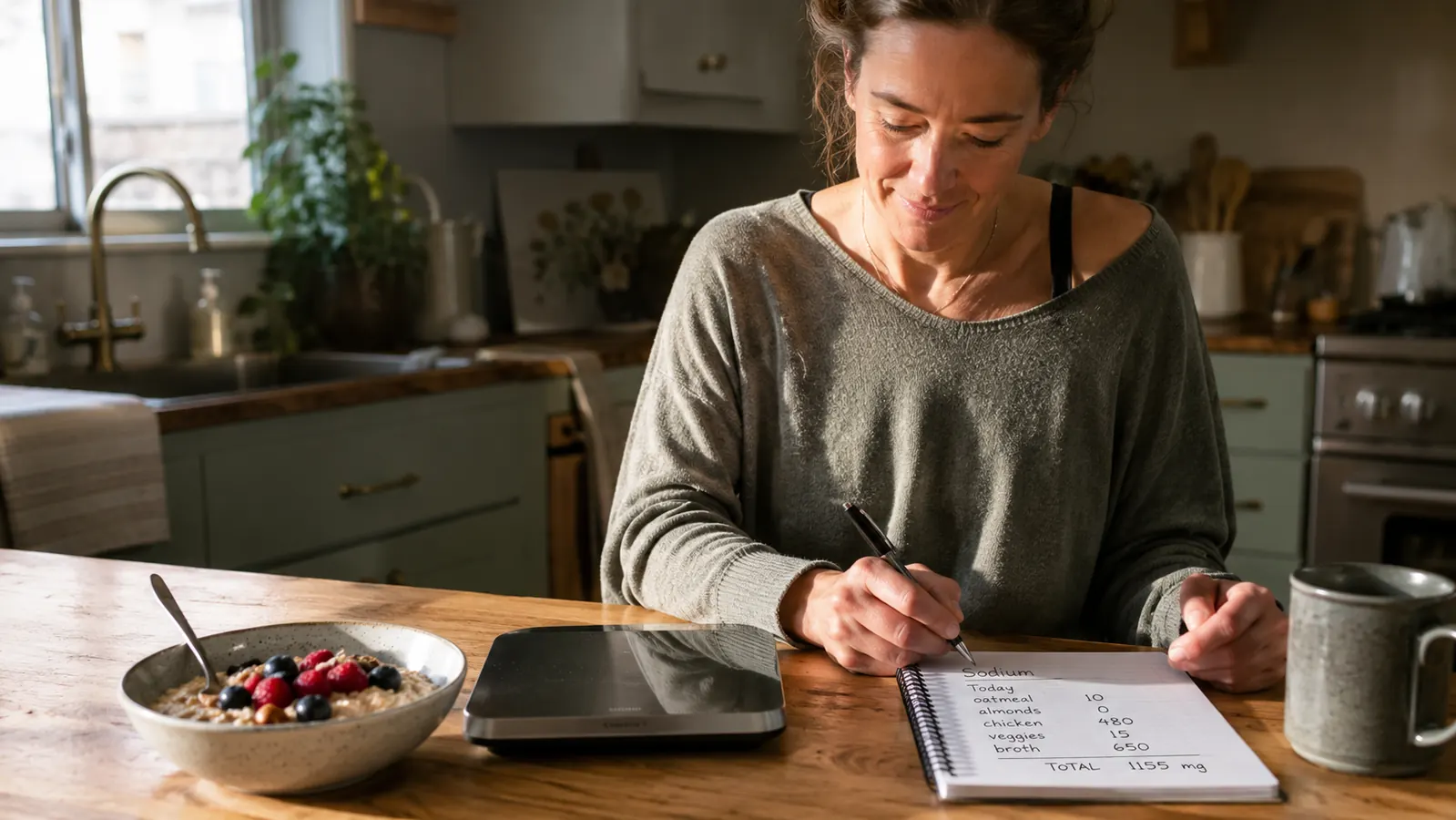 A kitchen scale on a countertop next to a bowl of food and a notepad with sodium totals written in pencil