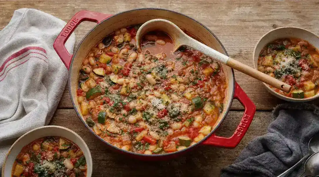 Finished low-sodium minestrone soup in the Lodge Dutch oven, ladle resting on the side, bowls ready to serve