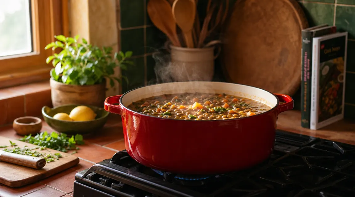 Lodge enameled Dutch oven on a stovetop with a vegetable stew simmering inside, warm kitchen light