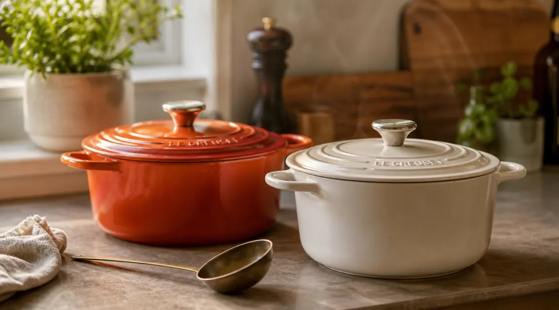 Two enameled cast iron Dutch ovens side by side on a kitchen counter, one terracotta-colored and one classic white, with a pot of vegetable soup visible inside one