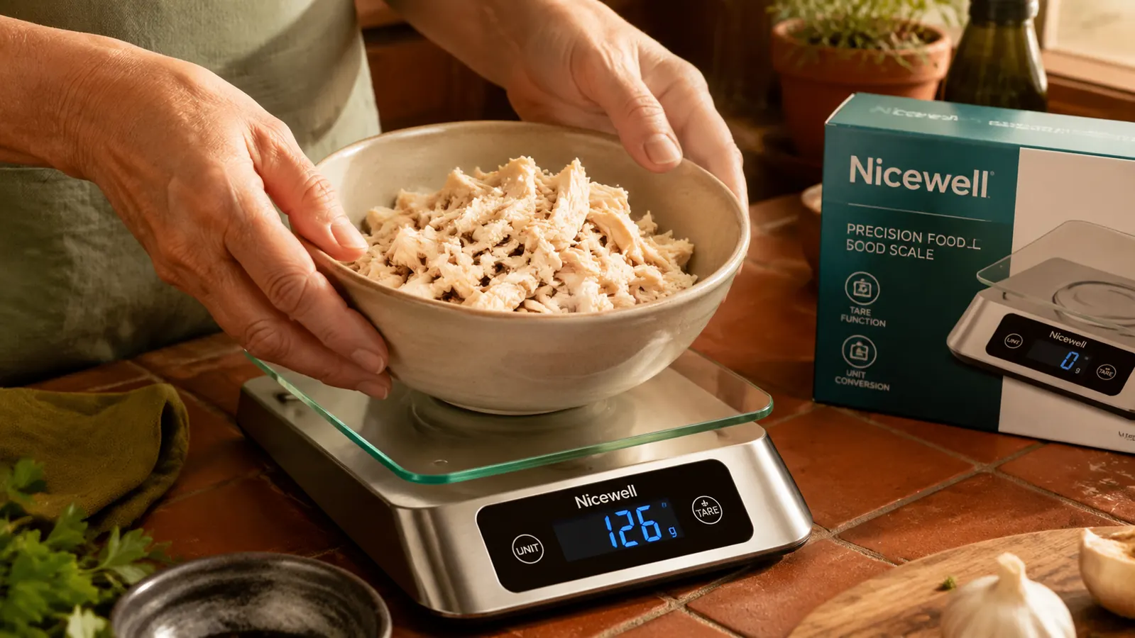 Close-up of hands placing a portion of shredded chicken onto the Nicewell scale platform, digital readout visible