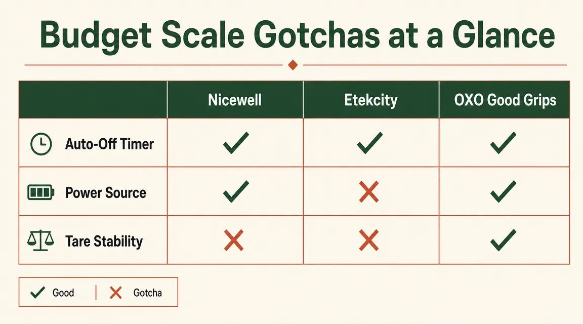 Side-by-side comparison chart showing Nicewell versus two competitor scales rated on auto-off timing, battery type, and tare drift