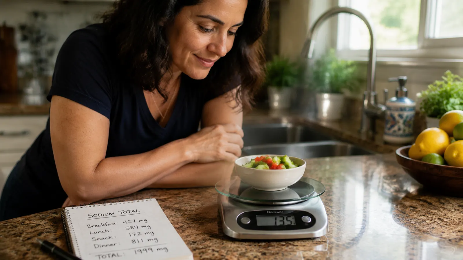 Nicewell food scale sitting on a kitchen counter next to a small bowl of chopped vegetables and a handwritten sodium log