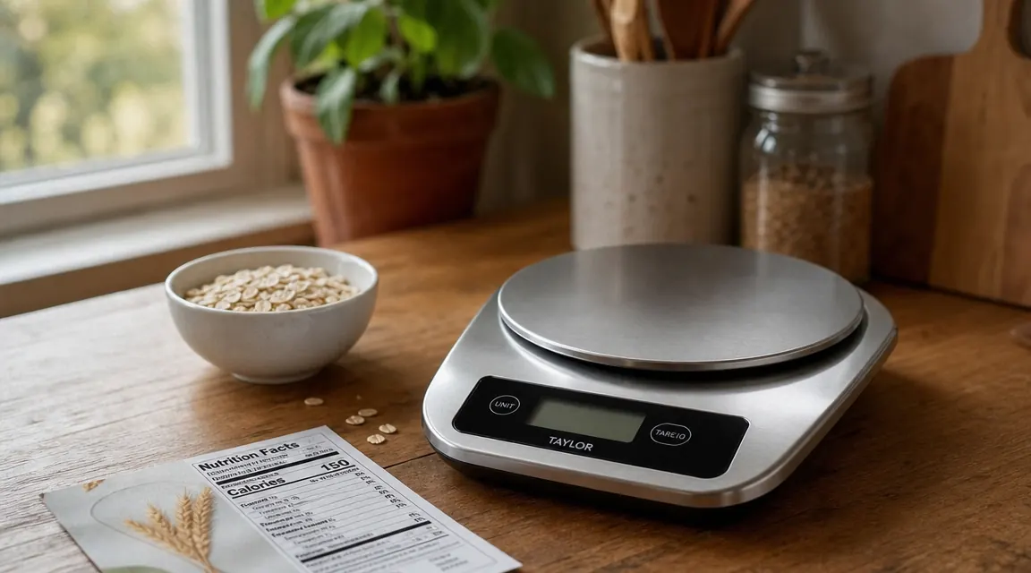 Digital kitchen scale on a wooden countertop next to a small bowl of cooked oatmeal and a nutrition label, warm morning light