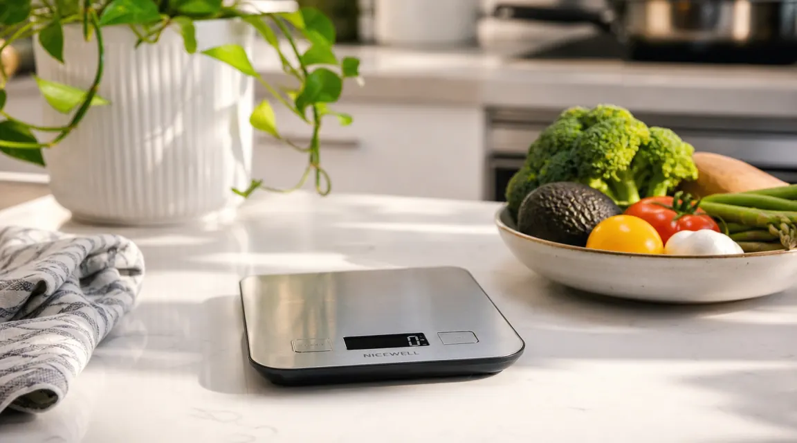 Nicewell stainless steel food scale on a clean kitchen counter next to a bowl of DASH diet ingredients