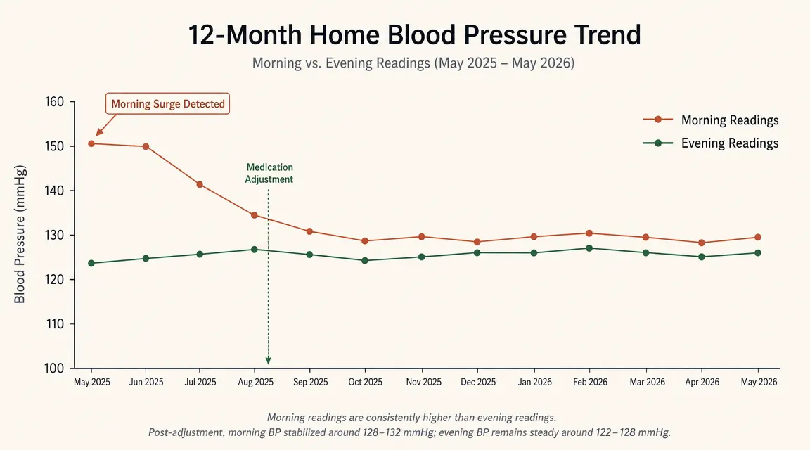 Chart showing systolic blood pressure readings over 12 months, with a highlighted morning surge in the first two months