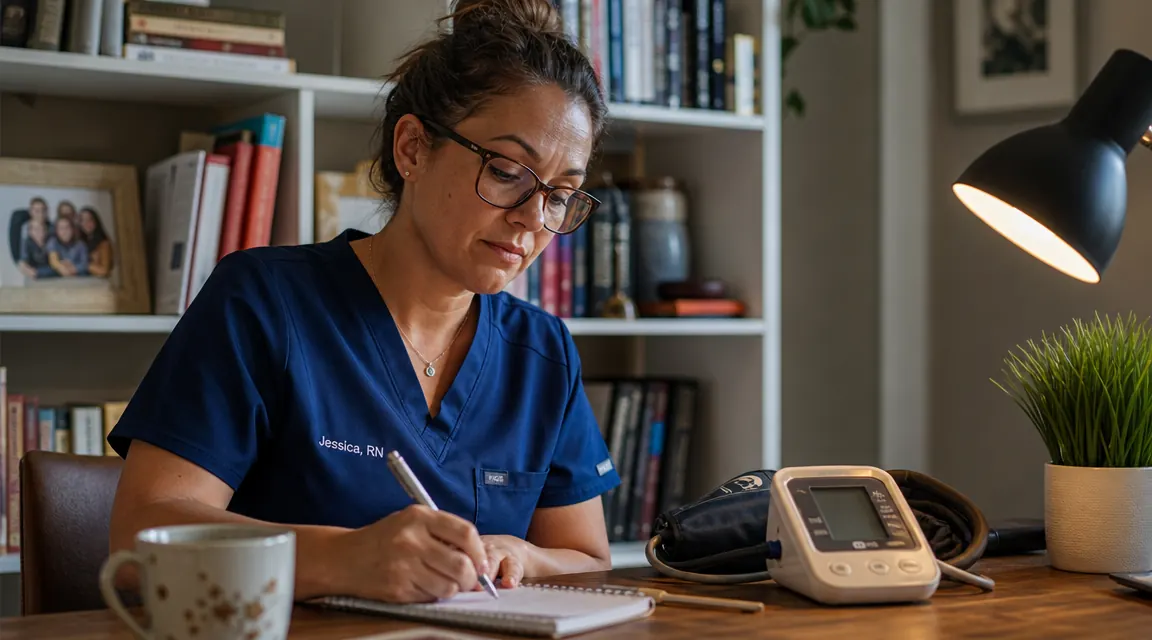 Nurse in scrubs writing blood pressure readings into a patient notebook at a desk
