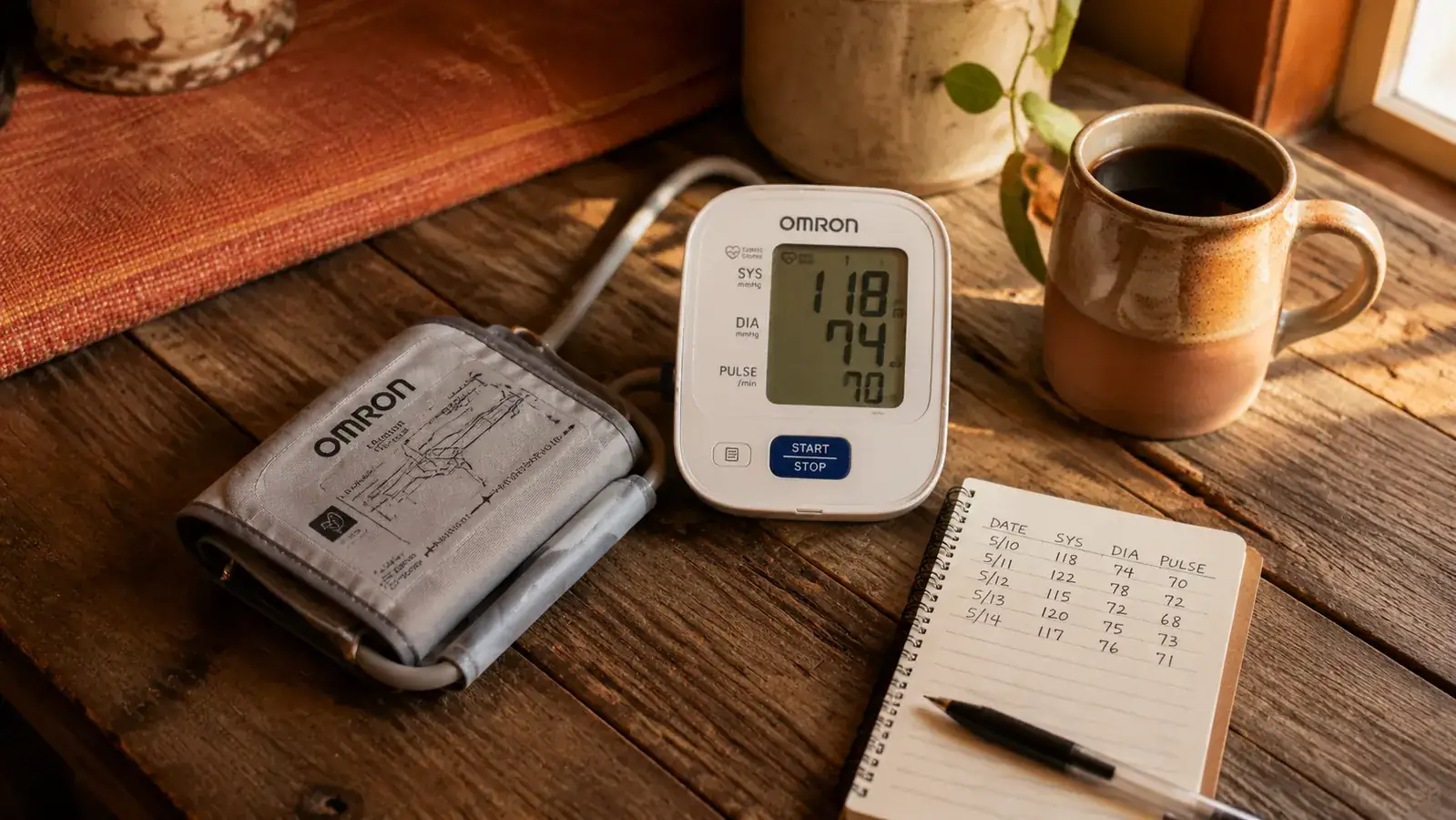 Omron Bronze blood pressure monitor on a wooden kitchen table next to a cup of morning coffee and a small notebook