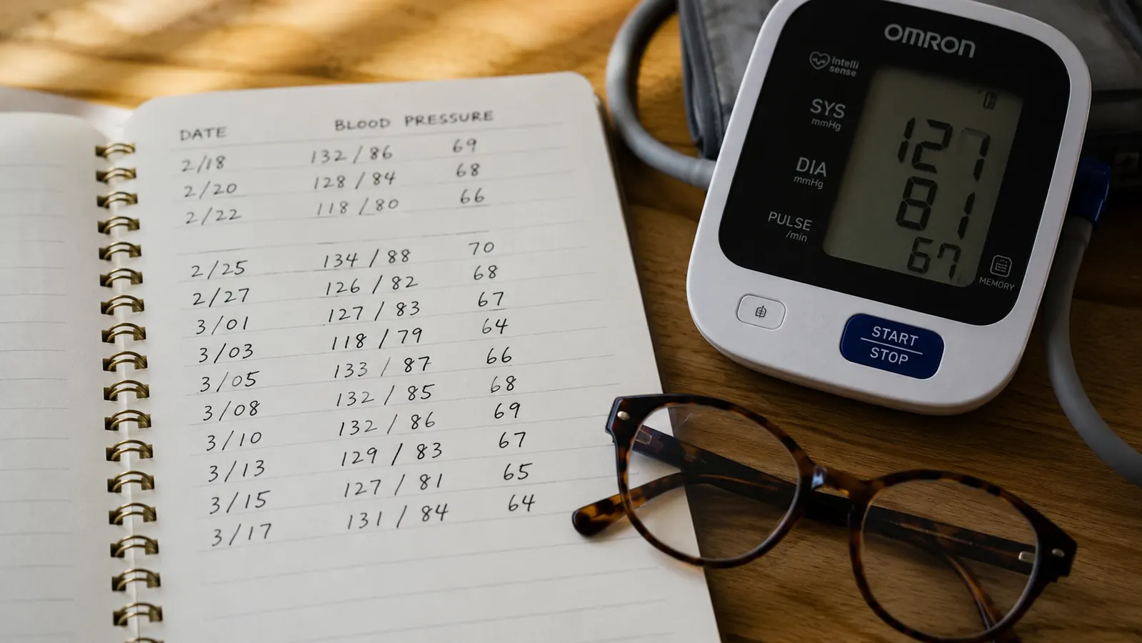 Notebook with blood pressure readings logged by hand next to a blood pressure monitor