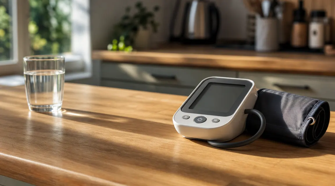 Omron Bronze blood pressure monitor on a kitchen counter next to a glass of water and a morning medication organizer