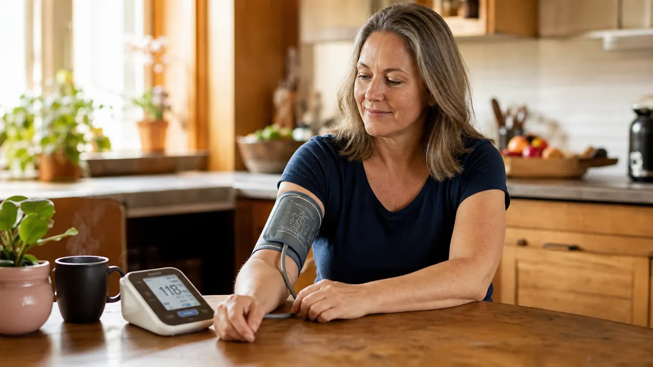 Woman sitting at a quiet kitchen table early in the morning, sunlight coming through window, mug nearby, taking her blood pressure with an upper-arm cuff