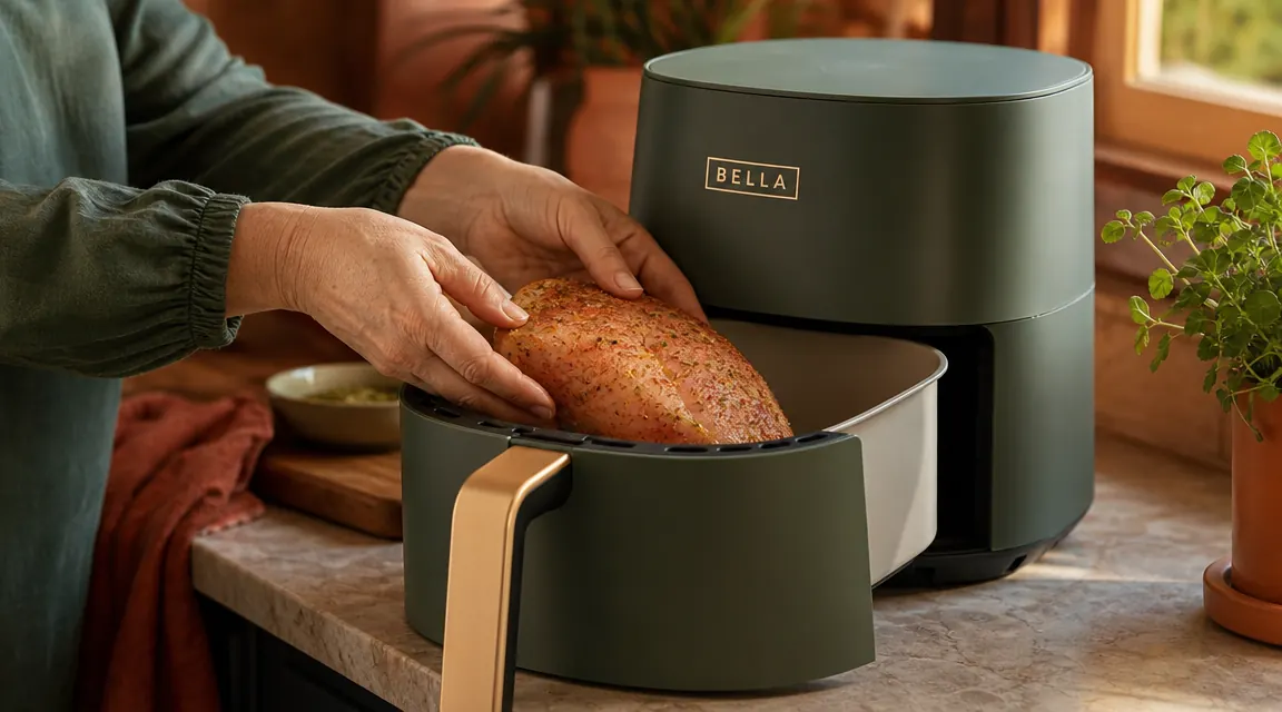 Woman's hands placing chicken breast into a small ceramic air fryer basket