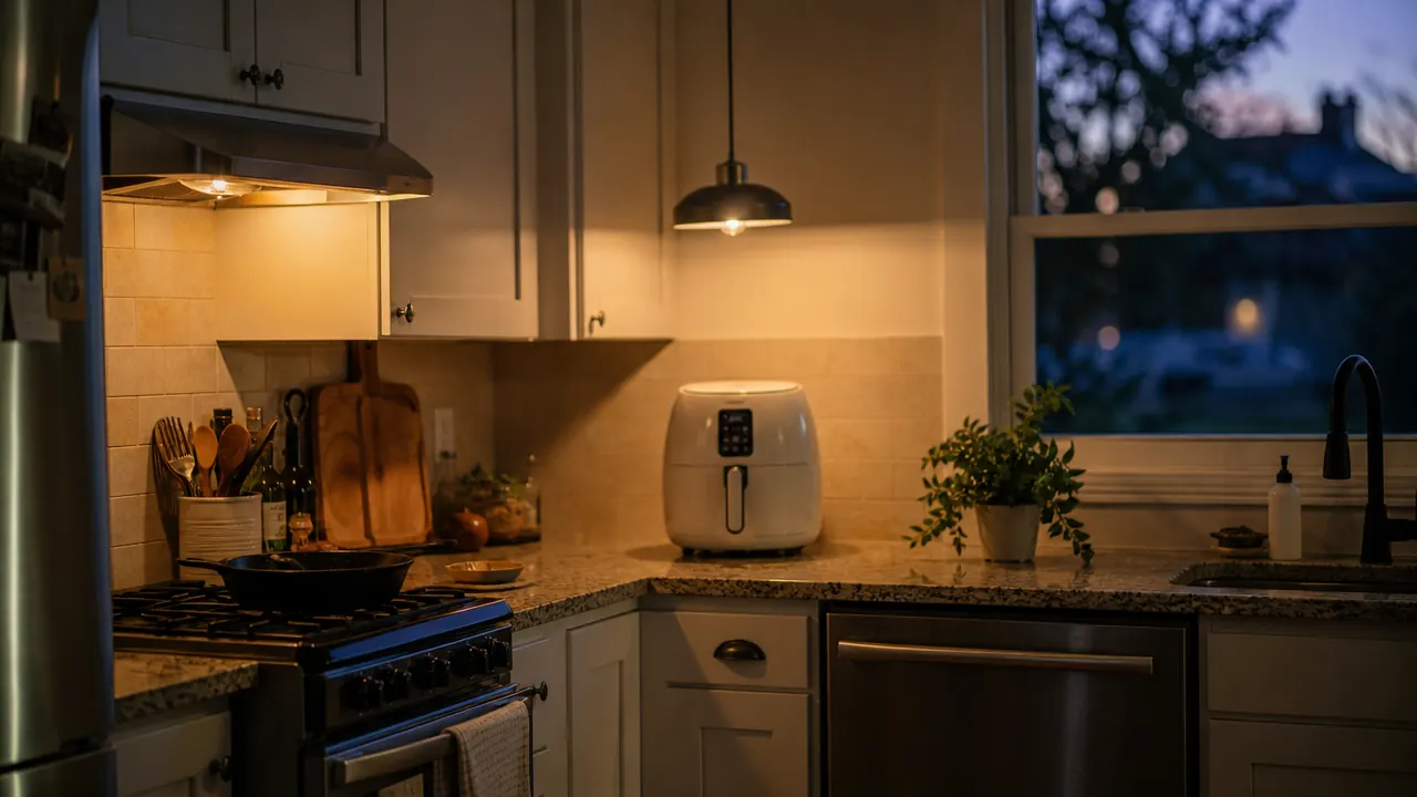 Warm kitchen at dusk, empty frying pan on stove beside a countertop air fryer, soft overhead light