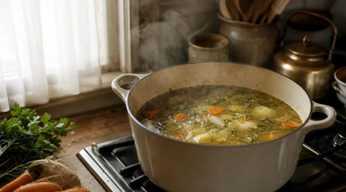 Steaming pot of vegetable soup on a worn wooden kitchen table, morning light through a window