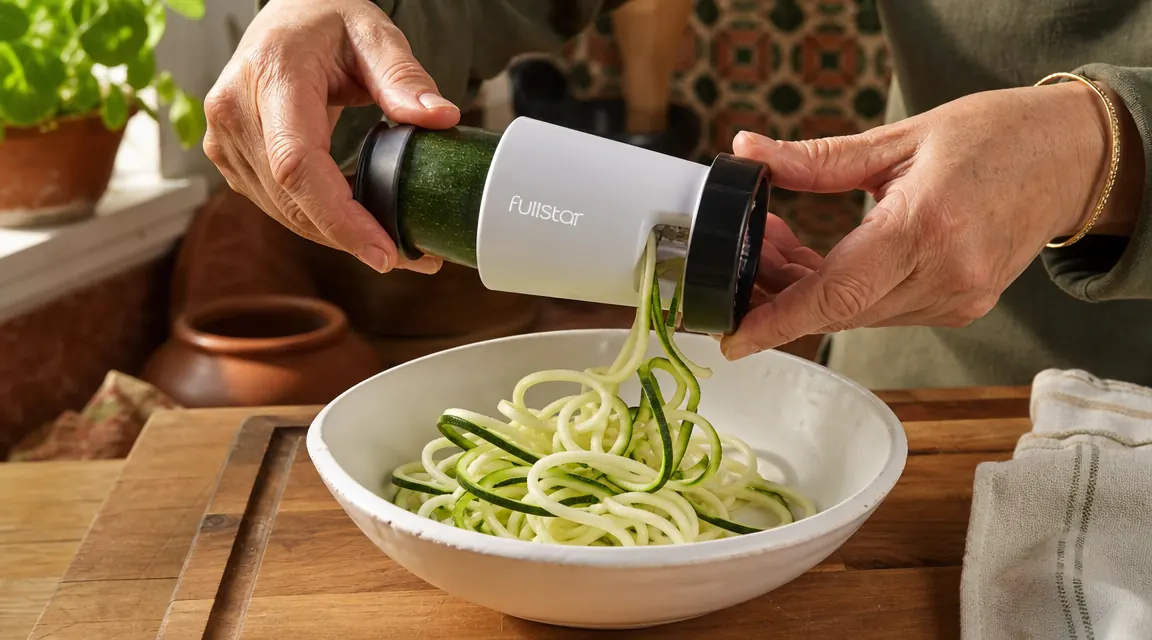 Hands using the Fullstar spiralizer to spiral a zucchini over a white bowl on a wooden cutting board